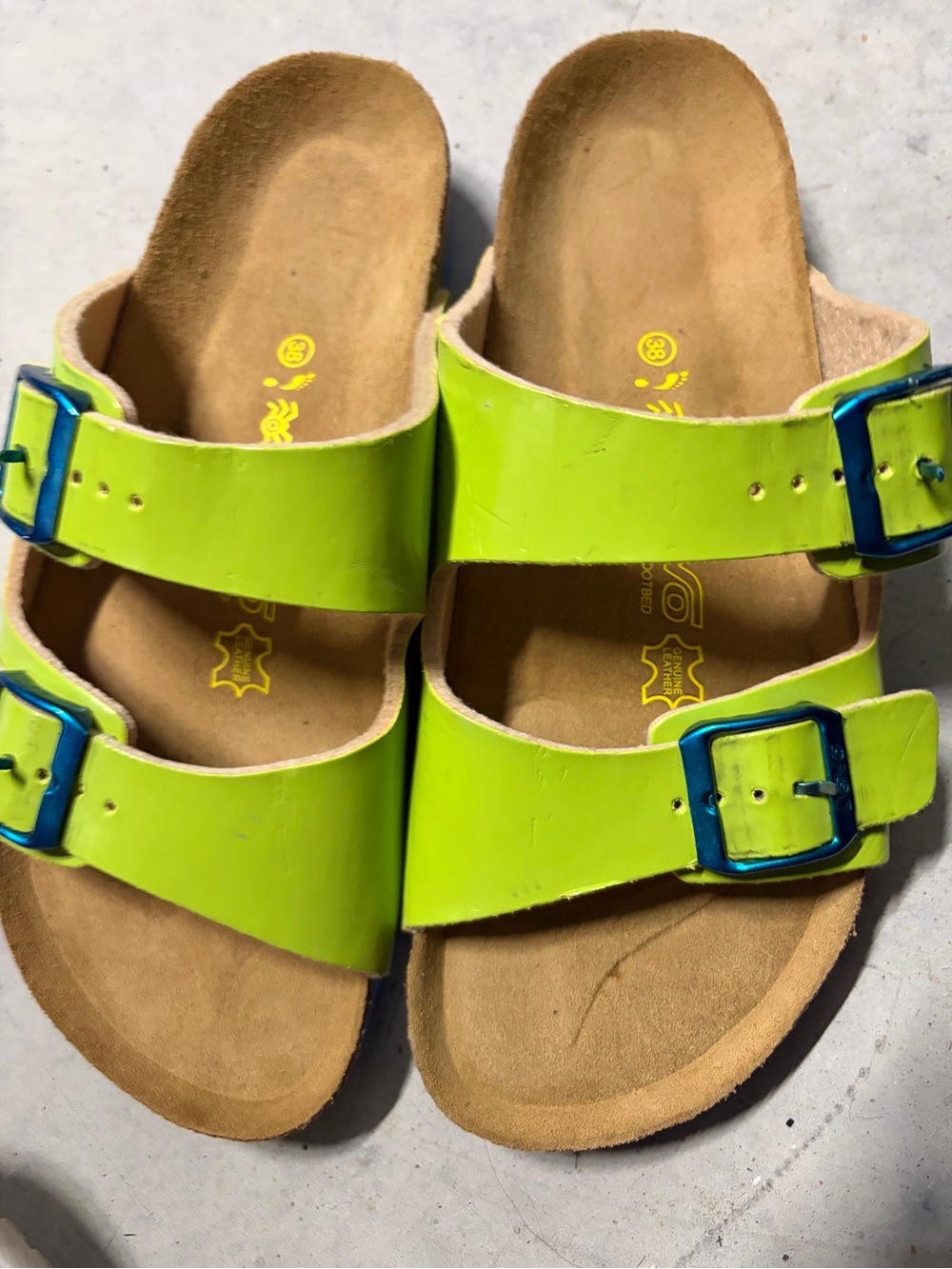 Devon Unbranded  Lime Green Double Strap Sandals with Blue Buckles